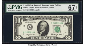 image for: Fr. 2017-K $10 1963A Federal Reserve Note. PMG Superb Gem Unc 67 EPQ....