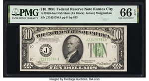 image for: Fr. 2005-J $10 1934 Mule Federal Reserve Note. PMG Gem Uncirculated 66 EPQ....