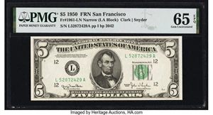image for: Fr. 1961-L $5 1950 Narrow Federal Reserve Note. PMG Gem Uncirculated 65 EPQ....