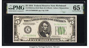 image for: Fr. 1956-E $5 1934 Mule Federal Reserve Note. PMG Gem Uncirculated 65 EPQ....