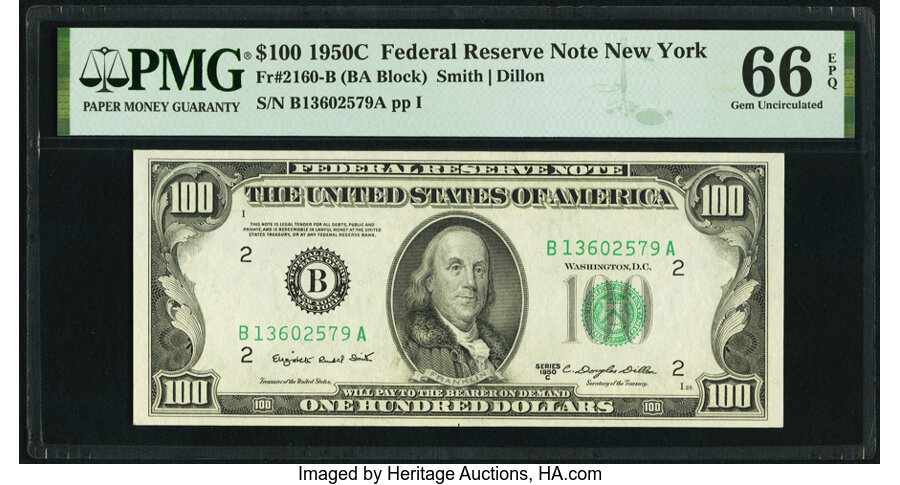 Fr. 2160-B $100 1950C Federal Reserve Note. PMG Gem Uncirculated 66 EPQ. ...