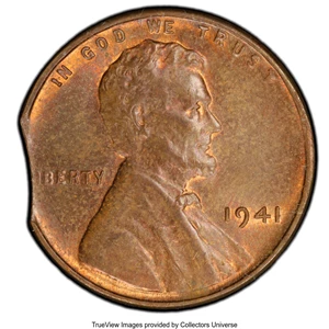 image for: 1941 1C Lincoln Cent -- 3% Curved Clip @9:00 -- MS64 Brown PCGS....