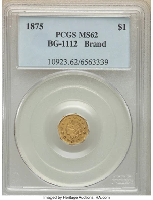 image for: 1875 $1 Indian Octagonal 1 Dollar, BG-1112, High R.5, MS62 PCGS. PCGS Population: (9/11). NGC Census: (2/1). MS62. ...