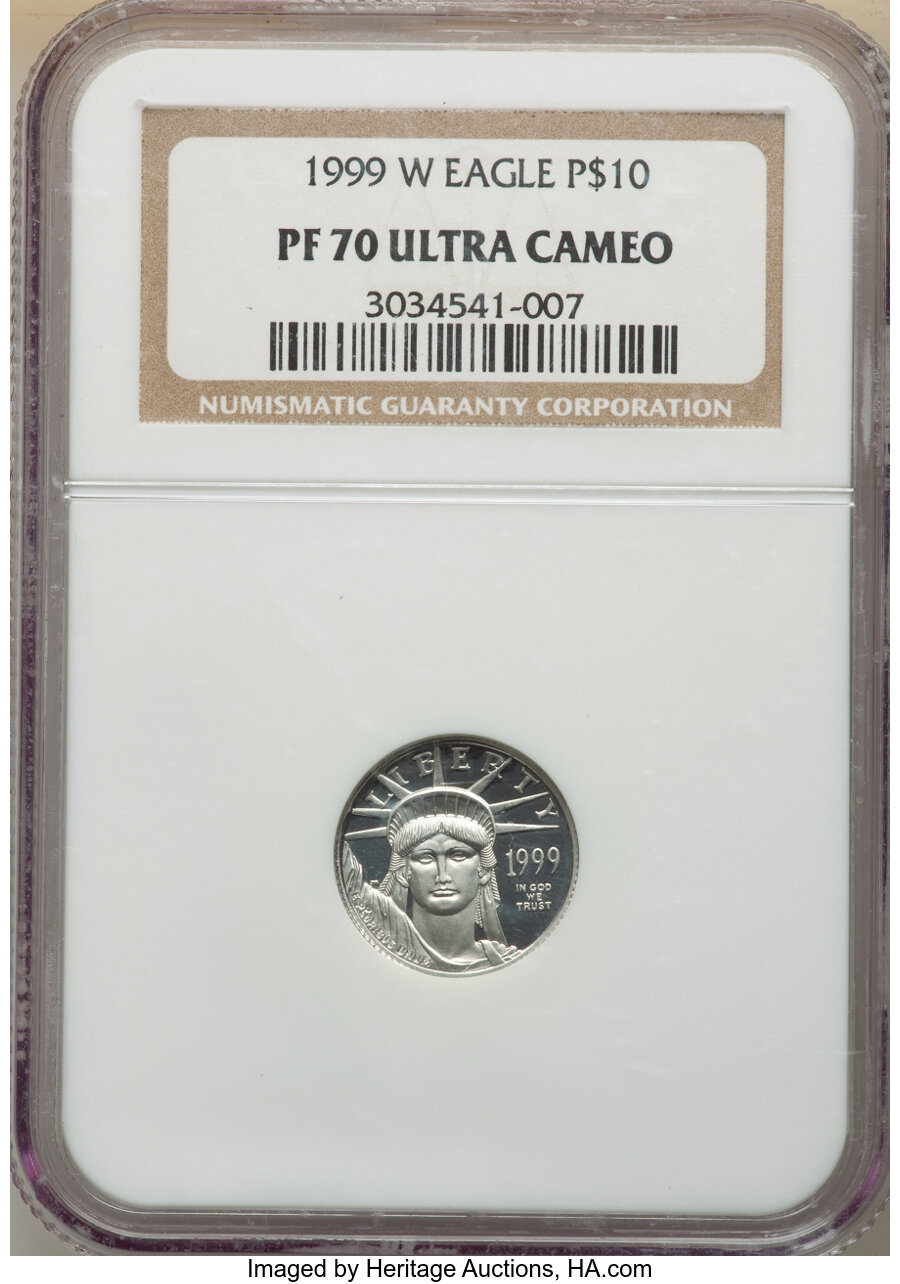 1999-W $10 Tenth-Ounce Platinum Eagle PR70 Ultra Cameo NGC. NGC Census: (1187). PCGS Population: (305). CDN: $250 Whsle. Bi...