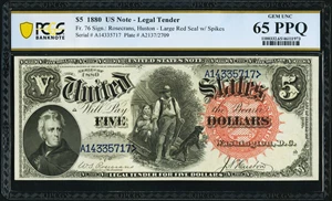 image for: Fr. 76 $5 1880 Legal Tender PCGS Banknote Gem Unc 65 PPQ....