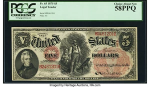 image for: Fr. 65 $5 1875 Legal Tender PCGS Choice About New 58PPQ....