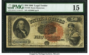 image for: Fr. 159 $50 1880 Legal Tender PMG Choice Fine 15....