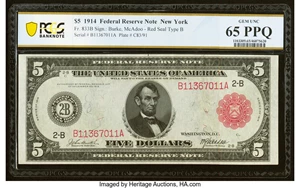 image for: Fr. 833b $5 1914 Red Seal Federal Reserve Note PCGS Banknote Gem Unc 65 PPQ....
