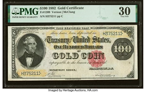 image for: Fr. 1209 $100 1882 Gold Certificate PMG Very Fine 30....