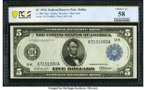 image for: Fr. 884 $5 1914 Federal Reserve Note PCGS Banknote Choice AU 58....