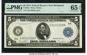 image for: Fr. 863a $5 1914 Federal Reserve Note PMG Gem Uncirculated 65 EPQ....