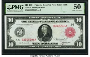 image for: Fr. 893a $10 1914 Red Seal Federal Reserve Note PMG About Uncirculated 50....