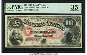 image for: Fr. 98 $10 1875 Legal Tender PMG Choice Very Fine 35....