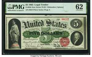 image for: Fr. 63b $5 1863 Legal Tender PMG Uncirculated 62....