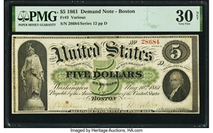 image for: Fr. 3 $5 1861 Demand Note PMG Very Fine 30 Net....