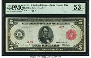 image for: Low Serial Number J22A Fr. 841a $5 1914 Red Seal Federal Reserve Note PMG About Uncirculated 53 EPQ....