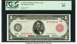 image for: Fr. 833b $5 1914 Red Seal Federal Reserve Note PCGS Gem New 65....