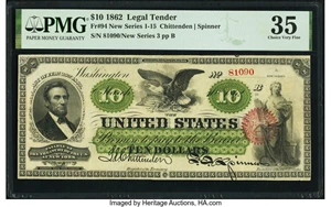 image for: Fr. 94 $10 1862 Legal Tender PMG Choice Very Fine 35....