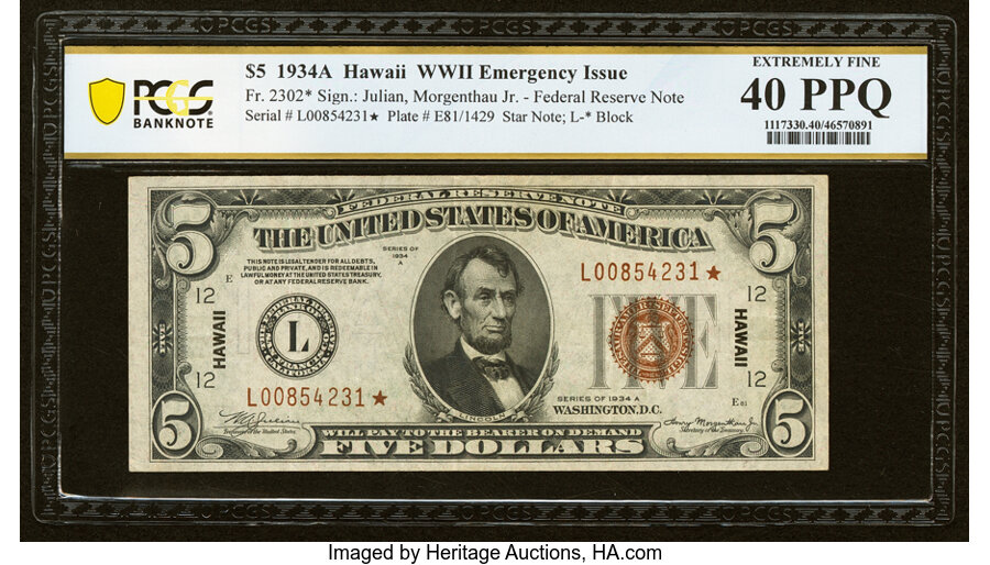 Fr. 2302* $5 1934A Hawaii Federal Reserve Note. PCGS Banknote Extremely Fine 40 PPQ. ...