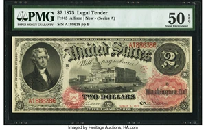 image for: Fr. 45 $2 1875 Legal Tender PMG About Uncirculated 50 EPQ....