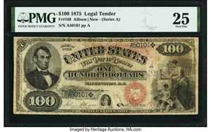 image for: Fr. 169 $100 1875 Legal Tender PMG Very Fine 25....