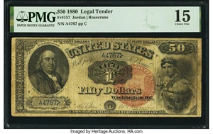 image for: Fr. 157 $50 1880 Legal Tender PMG Choice Fine 15....