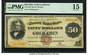 image for: Fr. 1190 $50 1882 Gold Certificate PMG Choice Fine 15....