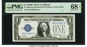 image for: Fr. 1602 $1 1928B X-B Experimental Silver Certificate. PMG Superb Gem Unc 68 EPQ....