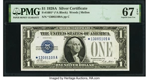 image for: Fr. 1601* $1 1928A Silver Certificate Star. PMG Superb Gem Unc 67 EPQ....