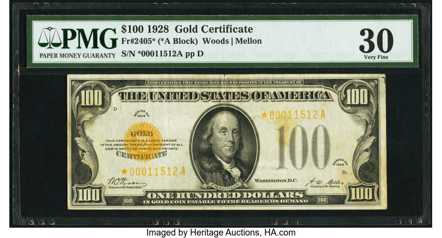 Fr. 2405* $100 1928 Gold Certificate Star. PMG Very Fine 30. ...
