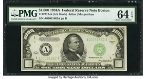 image for: Fr. 2212-A $1,000 1934A Federal Reserve Note. PMG Choice Uncirculated 64 EPQ....