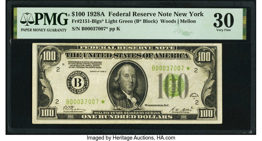 Fr. 2151-B* $100 1928A Light Green Seal Federal Reserve Star Note. PMG Very Fine 30. ...