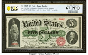 image for: Fr. 63b $5 1863 Legal Tender PCGS Banknote Superb Gem Unc 67 PPQ....