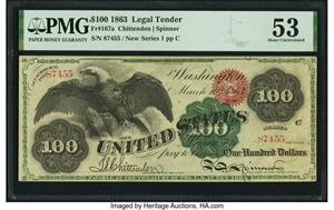 image for: Fr. 167a $100 1863 Legal Tender PMG About Uncirculated 53....