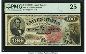 image for: Fr. 168 $100 1869 Legal Tender PMG Very Fine 25....