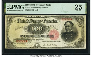 image for: Fr. 378 $100 1891 Treasury Note PMG Very Fine 25....
