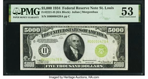 image for: Fr. 2221-H $5,000 1934 Federal Reserve Note. PMG About Uncirculated 53....