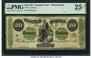 image for: Fr. 12 $20 1861 Demand Note PMG Very Fine 25 Net....