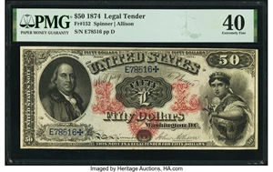 image for: Fr. 152 $50 1874 Legal Tender PMG Extremely Fine 40....