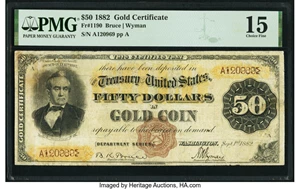 image for: Fr. 1190 $50 1882 Gold Certificate PMG Choice Fine 15....