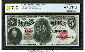 image for: Fr. 87 $5 1907 Legal Tender PCGS Banknote Superb Gem Unc 67 PPQ....