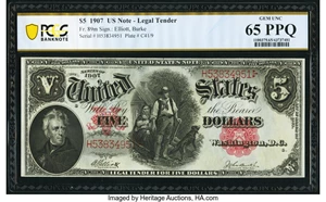 image for: Fr. 89 $5 1907 Mule Legal Tender PCGS Banknote Gem Unc 65 PPQ....