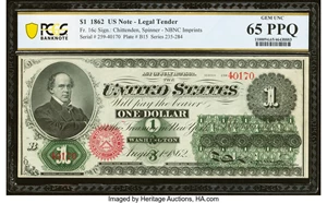 image for: Fr. 16c $1 1862 Legal Tender PCGS Banknote Gem Unc 65 PPQ....