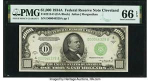 image for: Fr. 2212-D $1,000 1934A Federal Reserve Note. PMG Gem Uncirculated 66 EPQ....