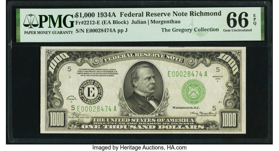 Fr. 2212-E $1,000 1934A Federal Reserve Note. PMG Gem Uncirculated 66 EPQ. ...