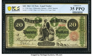 image for: Fr. 124b $20 1862 Legal Tender PCGS Banknote Choice VF 35 PPQ....
