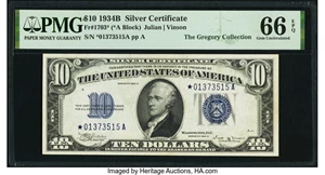 image for: Fr. 1703* $10 1934B Silver Certificate Star. PMG Gem Uncirculated 66 EPQ....