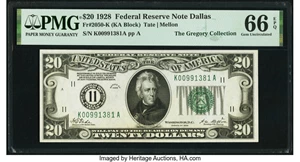 image for: Fr. 2050-K $20 1928 Federal Reserve Note. PMG Gem Uncirculated 66 EPQ....