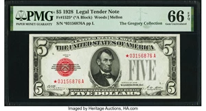 image for: Fr. 1525* $5 1928 Legal Tender Star Note. PMG Gem Uncirculated 66 EPQ....