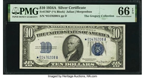 image for: Fr. 1702* $10 1934A Silver Certificate Star. PMG Gem Uncirculated 66 EPQ....